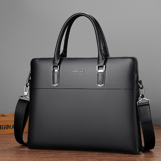 Gerbison business briefcase, men's genuine leather shoulder crossbody bag, first-layer cowhide, 14-inch notebook, large-capacity computer bag, commuter cross-section portable soft leather bag that can hold A4 files, black (first-layer cowhide)