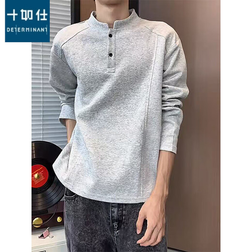 Shirushi light gray stand-up collar right shoulder long-sleeved T-shirt men's autumn American polo shirt sweatshirt Henry collar bottoming shirt black carefully selected good fabrics L 110Jin Jin is equal to 0.5kg -130Jin Jin is equal to 0.5kg