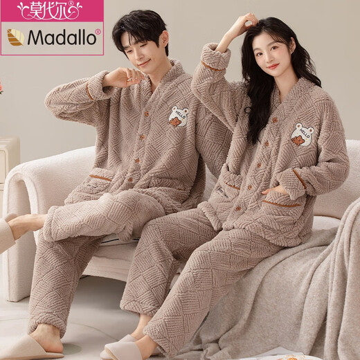Modal flannel couple pajamas autumn and winter thickened warm coral velvet women's cartoon winter men's home wear suit kimono flannel M7820 main picture M women's 80-95Jin Jin is equal to 0.5 kg