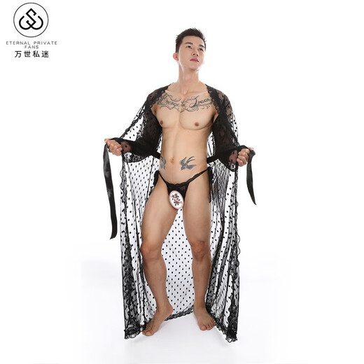 Sexy pajamas, men's underwear, tights, waiters, nightclub party performance clothes, one-piece SM uniforms, tempting men, long lace bathrobe + thong suit 21 black