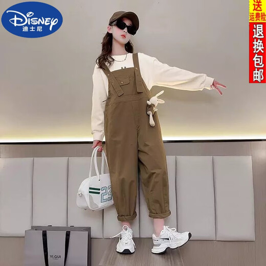 Disney (DISNEY) Girls Suit Spring and Autumn 2023 New Style Fashionable Long-Sleeved Children's Wear Internet Celebrity Big Children's Overalls Two-piece Set Trendy Dark Khaki Overalls + Top Two-piece Set 160