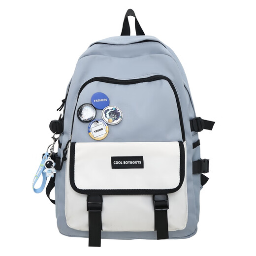 Double Star Schoolbag Men's Backpack Backpack Women's Korean Version Junior High School High School College Student Large Capacity Water-Repellent Laptop Blue Large Pendant + Badge