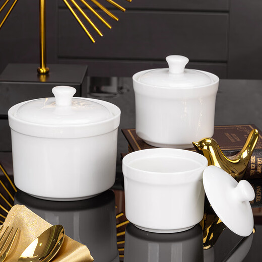 Guoyue Jingdezhen bone china pure white stew pot, underglaze color ceramic steamed egg bowl with lid, household bird's nest supplement thermal insulation stew pot, 1 pure white 5-inch stew pot