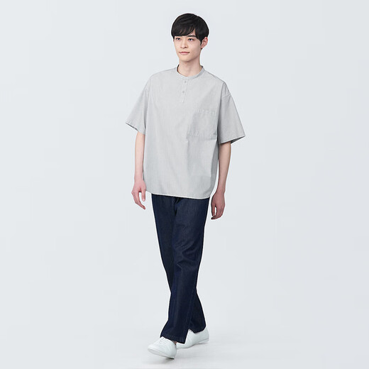 无印良品（MUJI）男式 凉感 亨利领短袖T恤 男士打底衫男款 凉感物语 AC1W6C4S 灰色条纹 S （165/84A）