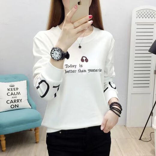 FHHUABD base shirt spring and autumn style for women can wear 2024 new spring top for women Korean style loose large size long-sleeved T-shirt for women 6187 apricot color M - recommended 85-100Jin [Jin equals 0.5 kg]