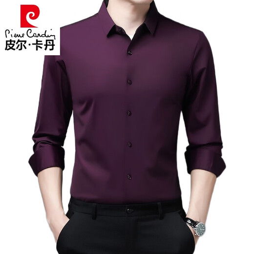 Мужская рубашка Pierre Cardin с длинными рукавами из шелка шелковицы, мужская весна и осень, новая однотонная повседневная рубашка против морщин, черная тонкая рубашка без утюга, 2XL 180/96A 155-175Jin Jin равна 0,5 кг
