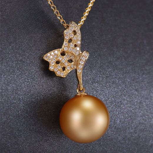 Red shadow Xian Enni yellow 18K gold gold bead pearl necklace round bright light group inlaid diamond butterfly buckle head pendant commemorative