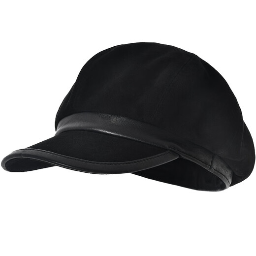 Kenmont's new genuine leather ear-protecting beret for women in autumn and winter showing face, small Maillard plus velvet warm peaked cap, black - genuine leather model, M suitable for head circumference_(55.5-58c)