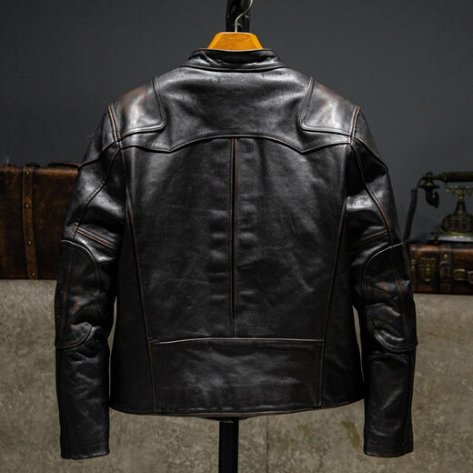 Show Stage Classic Venom Men's Tea Core Horse Leather Jacket Fashion Handsome Locomotive Clothes Old Tea Core Genuine Leather Jacket Tea Core Black XL
