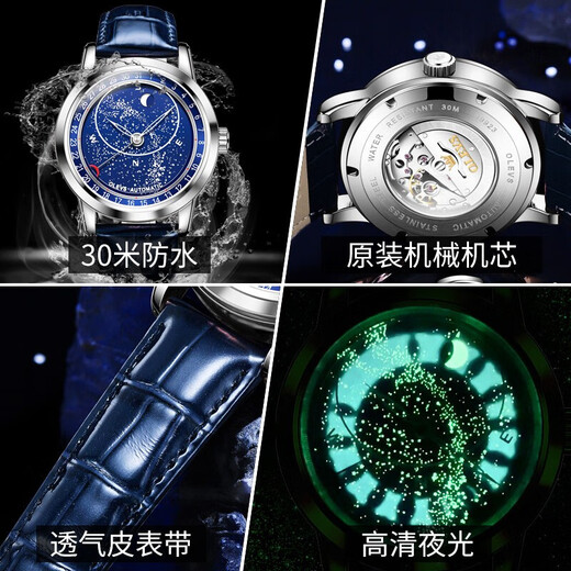 Oleis levs Schweizer zertifizierte Brand Watch Herren Mechanical Watch Luminous Waterfof Star-Serie Herren Uhren High-End-Herren-Uhr Olevs-9923-Natural Starry Sky Blue Surface
