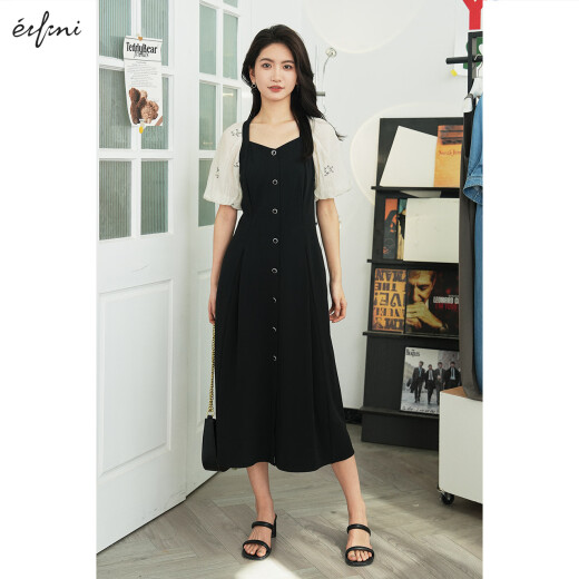 Eveli (eifini) Eveli French elegant temperament fake two-piece patchwork waist halter dress 2024 summer new style little black dress black L110-125Jin [Jin equals 0.5 kg]