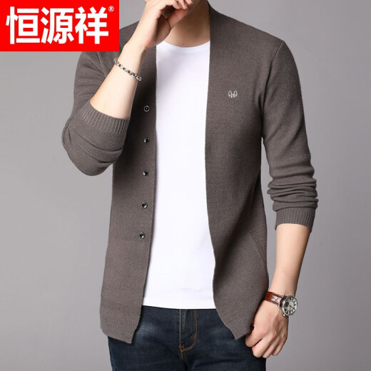 Hengyuanxiang Cardigan Sweater Men's Spring and Autumn Slim Knitted Sweater Thin Jacket Korean Style Outerwear Trendy Top Brown Color 175/XL