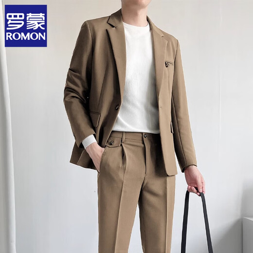 ROMON Casual Autumn and Winter Suit Men's Brown Loose, Handsome, Trendy and Mature Style Small Suit Jacket Brown Two-piece Suit + Pants L