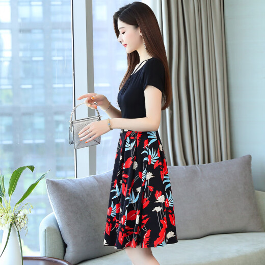 Ou Si Mai Dress Women's Summer Skirt Korean Style Medium Long Fake Two Piece Medium Long Style Slim Over Knee Printed Short Sleeve Z8827 Printed 2XL