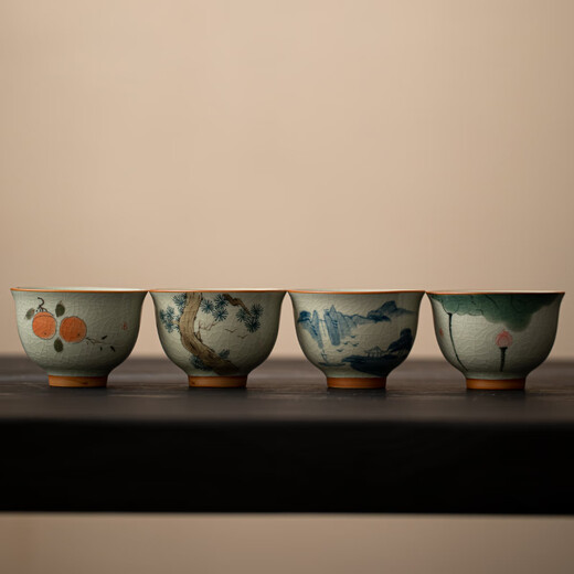 Xiyuanji Ge Kiln pure hand-painted tea cup, single household ceramic master cup, personal tea cup, tea cup, Ge Kiln hand-painted bowls and cups 4 packs - 4 styles, 1 each - simple packaging