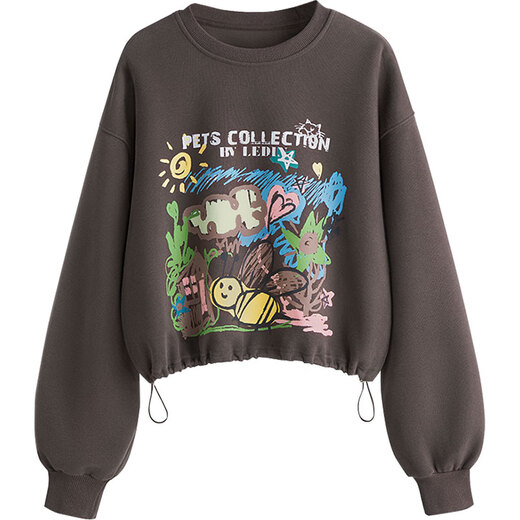 Sibaishe round neck sweatshirt 2025 autumn new women's loose style contrast printed hem drawstring top