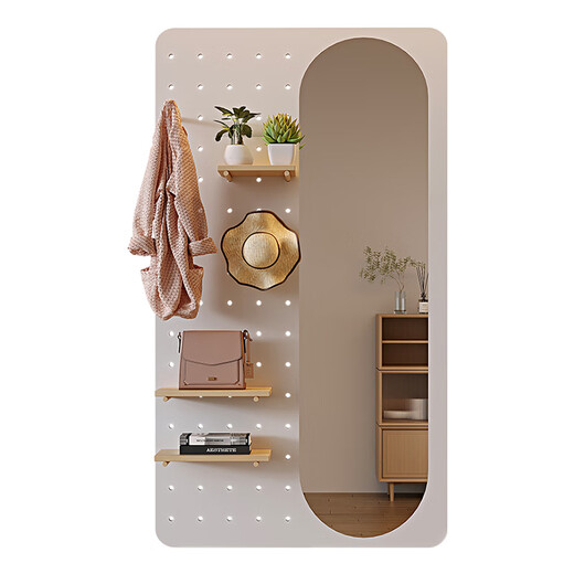 秋佳全身镜洞洞板卧室玄关带灯 日式试衣镜壁挂穿衣镜挂墙衣帽架镜子 160*105榉木色+智能灯 是