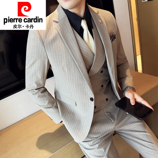 Pierre Cardin double-breasted business casual striped suit men's slim formal slit groom's groomsman suit knitted navy one-piece suit S