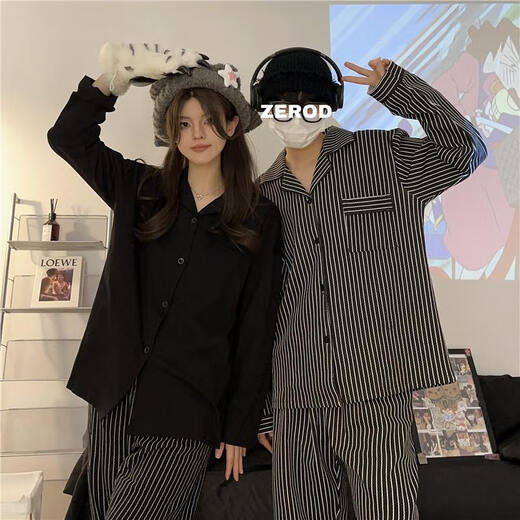 Mengdong Couple Pajamas Spring and Autumn New Long-sleeved Cartoon Men and Women Loose Large Size Pure Cotton Trendy Brand Home Clothes Set M Long Sleeve #Cartoon Briquettes XXL Size Men (Recommended 145-170 Jin Jin equals 0.5 kg)