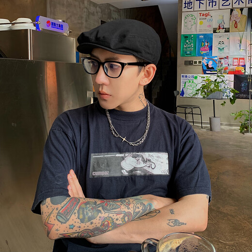 Mu Jinfan Decoration Hat Men's Black Beret Summer Thin Backward Wearing Forward Hat Men's Ins Trendy Retro Duckbill Hat Women Black One Size 58cm