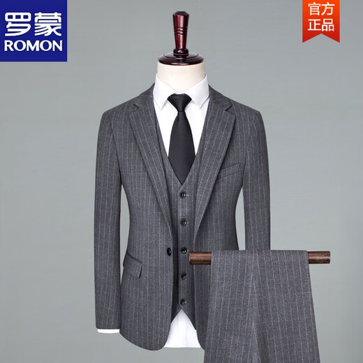 ROMON suit men's three-piece striped groomsmen groomsmen wedding dress Korean version slim business suit TZ2031 gray-three-piece suit vest pants L 175 (120-135) Jin Jin is equal to 0.5 kg