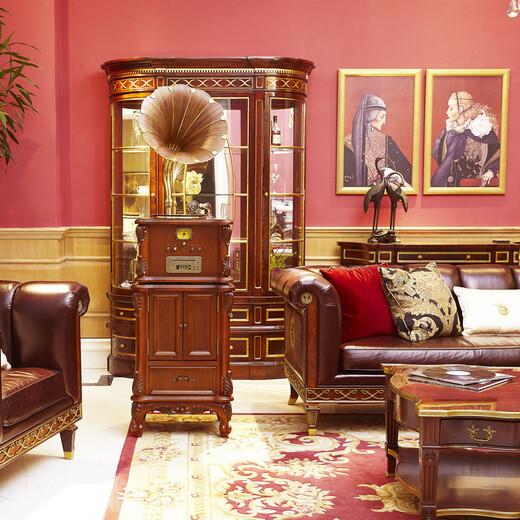 Vannessy European retro antique 62X gramophone vinyl record player old-fashioned record player with CD subwoofer living room Bluetooth audio British brown drawer turbine version (copper horn)