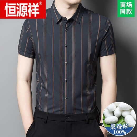 恒源祥2024夏季新款男士条纹短袖衬衫桑蚕丝商务休闲冰 丝衬衣男 FC2603款-深灰 175 【适合体重130-150斤】