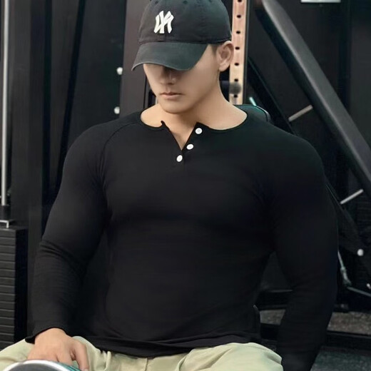 Dameitu (Dameitu) Henry shirt American long-sleeved threaded cotton retro American khaki men's raglan fitness show big Henry collar T-shirt sports black XL suitable for 60-70kg