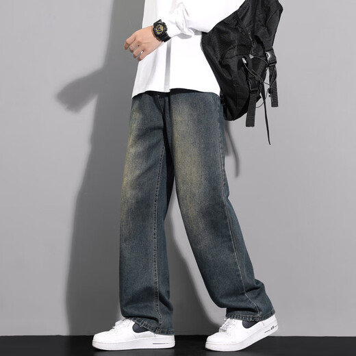 MAYBEYOND jeans men's American fashion brand high street workwear straight pants loose casual wide leg pants MA46 blue XL