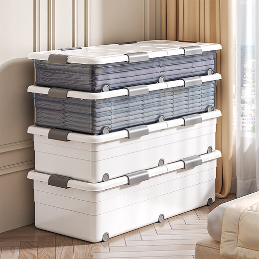 Yunduo under-bed storage box household flat pulley-type clothes storage box under bed storage box storage box length 100 width 52 height 25CM fixed buckle style - blue transparent upgrade