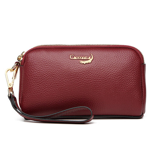 Crocodile shirt double zipper first layer cowhide wrist bag women's clutch bag simple long wallet T2008 wine red