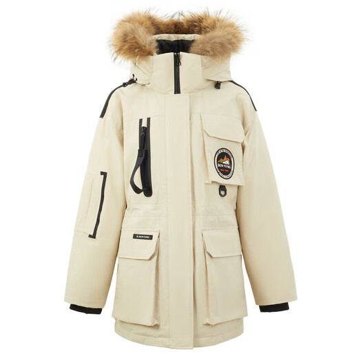 Flying in the Snow Cheng Yi's same style goose down men's and women's down jacket raccoon fur collar mid-length down jacket workwear warm oatmeal color | 7185 M 170/92A (size is too large, please choose one size smaller)
