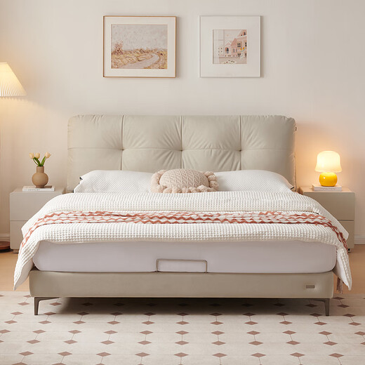 Quanyou Home Cream Style Puff Fabric Upholstered Bed 1.8x2 Meter Modern Simple Master Bedroom Double King Bed Furniture