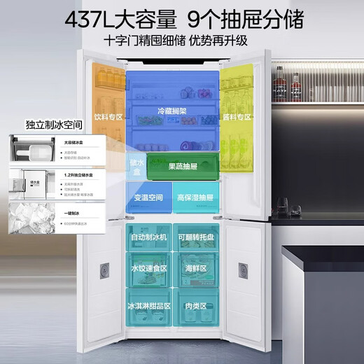 Midea Refrigerador de refrigeración inferior ultrafino de 60 cm con puertas cruzadas integradas, cuatro puertas, refrigerado por aire, antiescarcha, eficiencia energética de primera clase, con fabricación automática de hielo MR-460WUSPZE