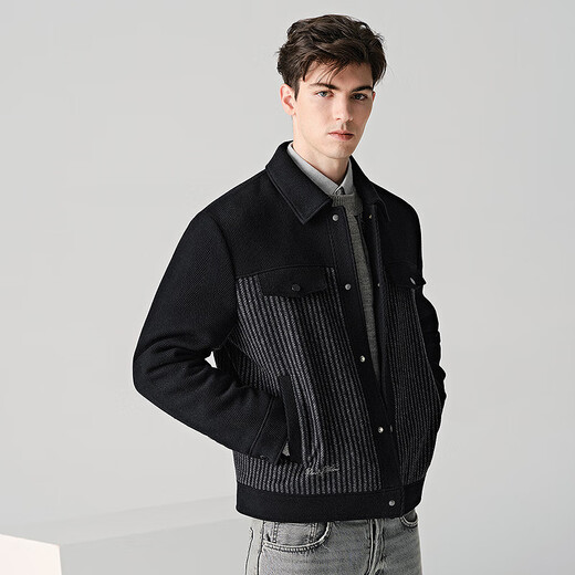 Dances with Wolves Jacket Men's Autumn and Winter Duck Down Lapel Wool Splicing Down Jacket Men 001 Black 175