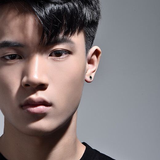 Mingyang Zhuhai 18K gold and white gold earrings for men and women, trendy, simple and high-end color gold black agate letter earrings, single ear jewelry, large single 18K gold and white gold earrings + certificate