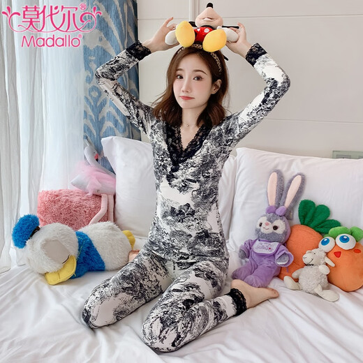 Modale Thermo-Unterwäsche für Damen, Herbstkleidung und Herbsthosen, Anzug aus reiner Baumwolle, plus Samt, verdickte Spitze, V-Ausschnitt, Studentenboden, Baumwollpullover, Winter 9905, Kragen mit V-Spitze, M