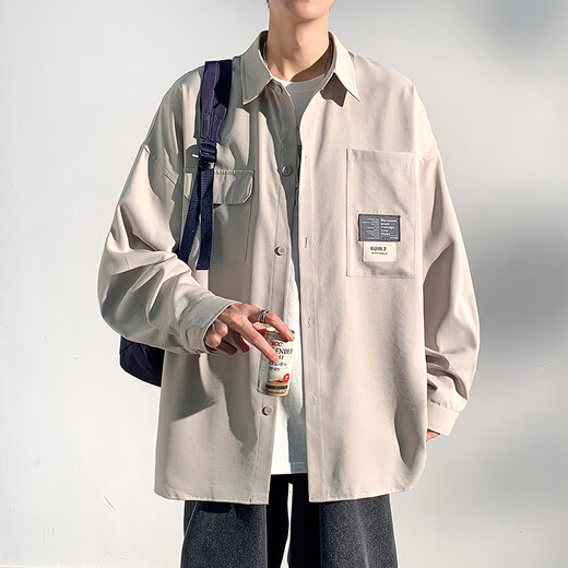 Foss Phil港风长袖衬衫外套男士秋冬季休闲宽松工装打底上衣7303浅灰XL