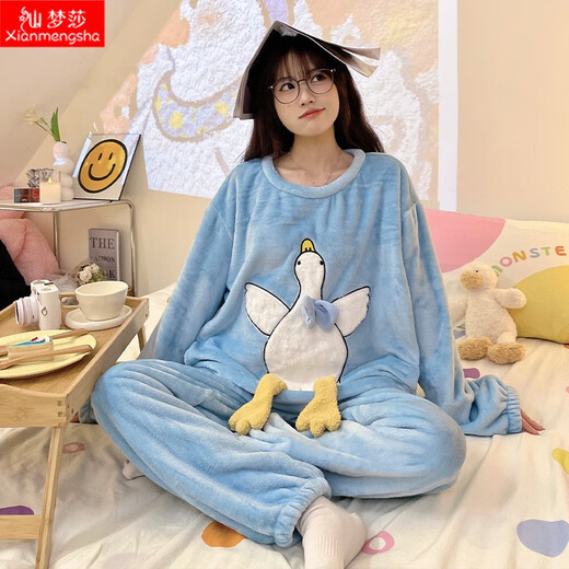 仙梦莎 睡衣女冬季法兰绒圆领可爱卡通玉桂狗两件套装加厚珊瑚绒家居服 TFN-9905-豆沙-大白鹅 M