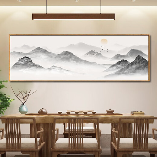Zilang living room decorative painting sofa background wall ink Zen landscape painting wall hanging painting tea room office calligraphy and painting mural 04-with backing 50*150CM wood grain yellow frame + canvas SF Express