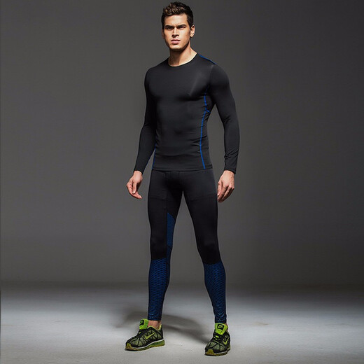 Yihaote (yihaote) spring and summer thickened velvet thermal tights for men quick-drying long-sleeved fitness clothes for men high elastic sports basketball running sweat-absorbent elite black pants + blue and silver suit need to add velvet to take a message L (170-175 height. 120-135 Jin Jin equals 0.5 kg)
