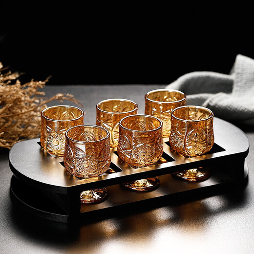 Heisou white wine glass set spirit glass home glass small foreign wine glass wine set 50ml gold 6 pieces + 6 hole wooden frame