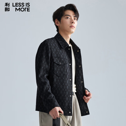 利郎轻时尚男装【云朵系列】毛呢大衣男短款轻柔内里充绒满印羊毛外套 黑绿 XL (175)