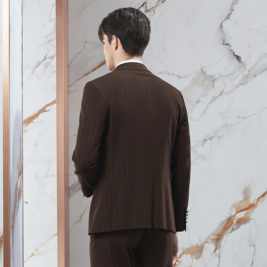 Qipai double-breasted suit suit for men in autumn and winter new yarn-dyed striped business suit groom wedding dress suit khaki B54