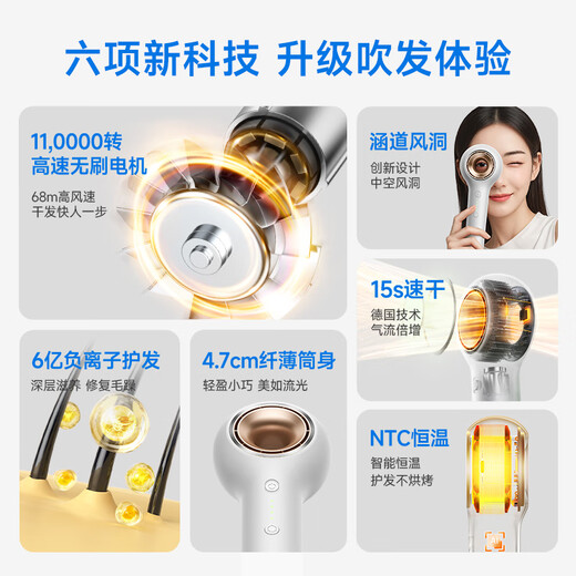 VTT Germany high-speed hair dryer household mute negative ions high power does not hurt the power generation hair dryer students hair drying quick dry leafless hair dryer girlfriend birthday gift Diamond White Pro Mini