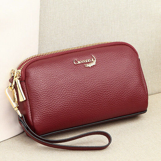 Crocodile shirt double zipper first layer cowhide wrist bag women's clutch bag simple long wallet T2008 wine red