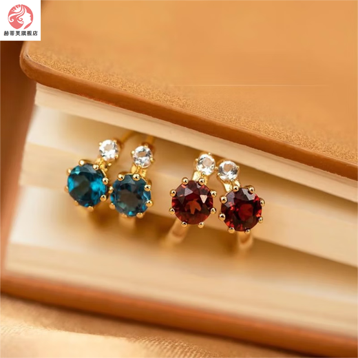 DOMEN Old Phoenix Gold Store Blue Topaz Aquamarine Plated 18K Gold Planet Earrings Earrings Retro Pomegranate Ruby Pomegranate Red (Gold)