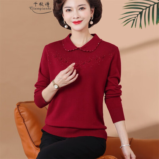 Poesía Qianqiu Poesía de mediana edad y ancianos Sweater de lana de ancianos Ropa de madre de talla grande de otoño e invierno NUEVA Camisa de base de lana de lana de punto zodiaco Rojo XD9275 3XL Recomendación 130-150Jin [Jin equivale a 0.5 kg]