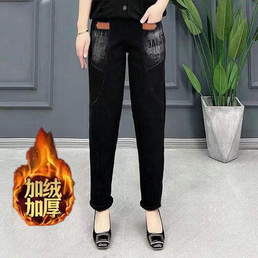 雪澈冬季新款加绒加厚牛仔裤女宽松显瘦高档洋气潮流中年妈妈裤子 7029款【加绒黑色绿边 厚绒 2XL 建议145-160斤