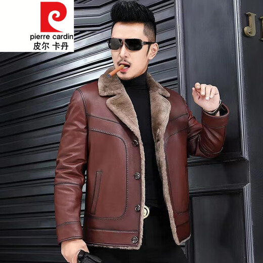 Pierre Cardin winter new Haining fur all-in-one leather jacket men's short jacket suit collar young and middle-aged jacket black M 165/M size 115Jin Jin equals 0.5 kg